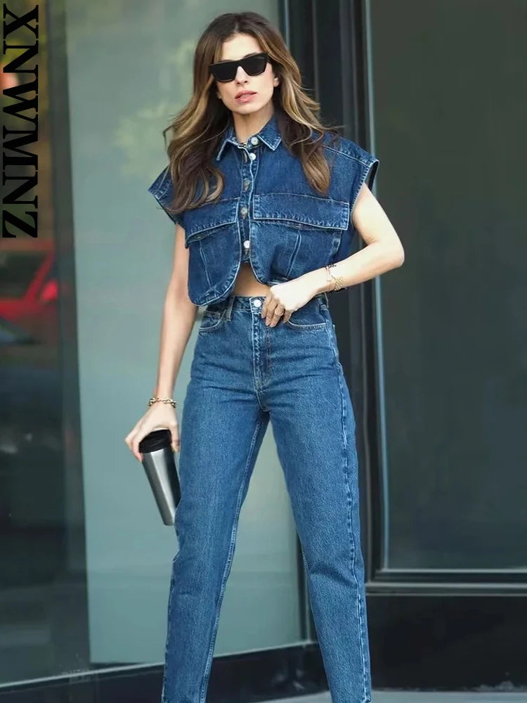 XNWMNZ 2024 Women's Cropped Denim Shirt, Sleeveless, Button-up.