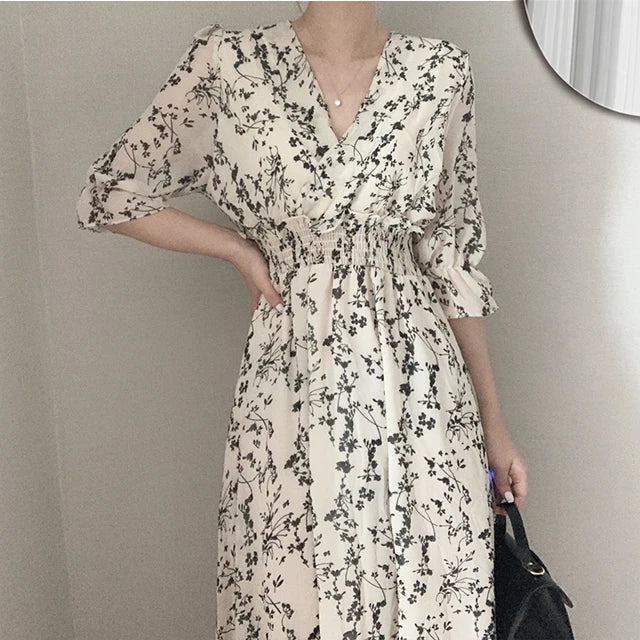 Vintage Korean Summer A-Line Dress – Slim Fit, V-Neck Floral Chiffon, Office Chic