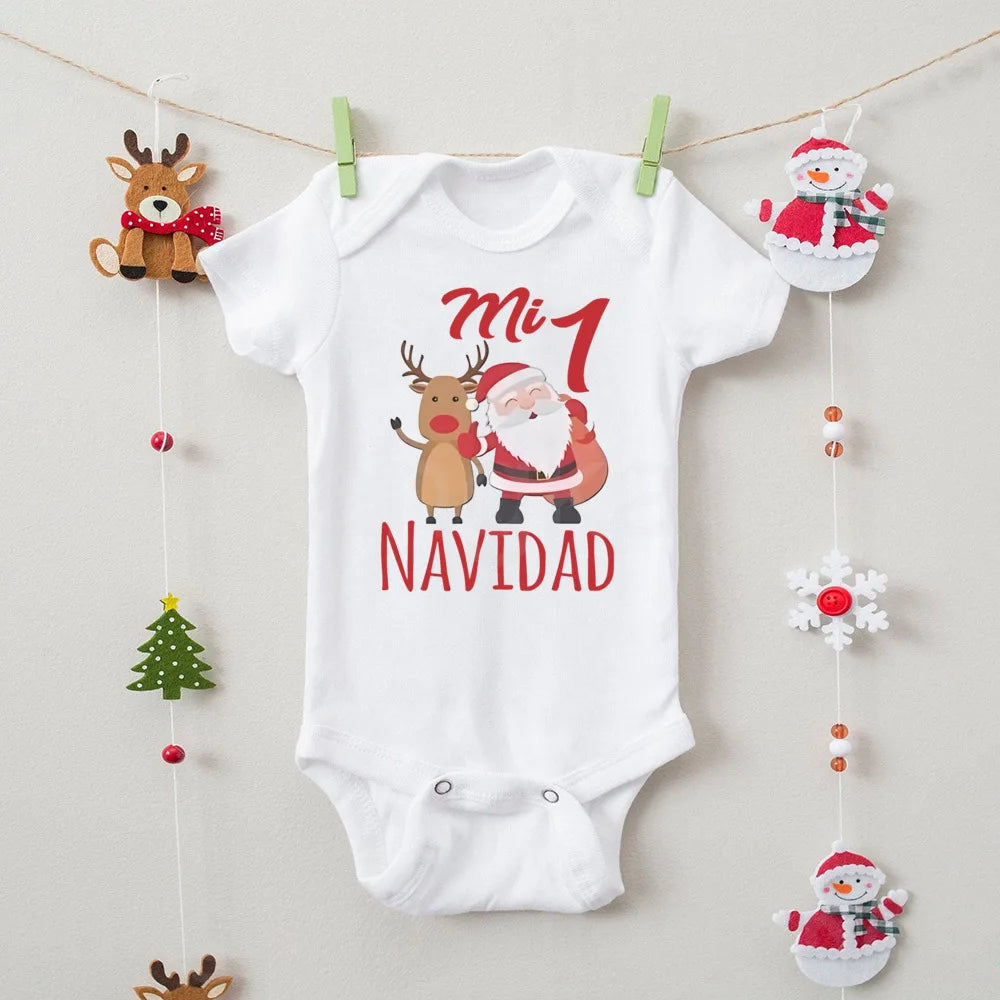 My First Christmas" Spanish Bodysuit: Newborn Short Sleeve Romper for Xmas Party