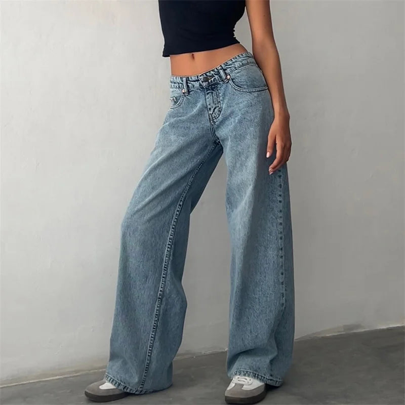 Lamuusaa Y2K Jeans for Women – Low-Waist, Wide-Leg Denim with Multi Pockets.