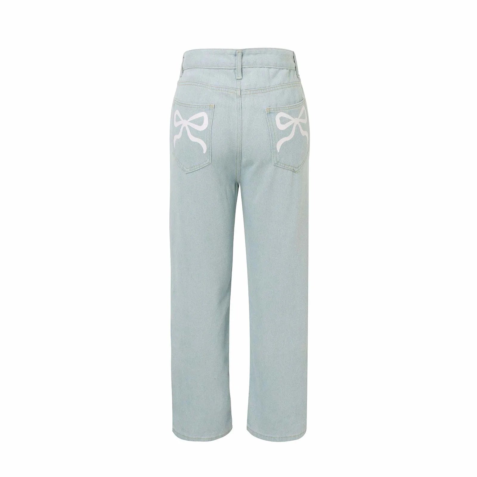 Tie-Bow Embroidery Jeans for Women – High-Waist, Baggy, Vintage Y2K Wide-Leg Denim.
