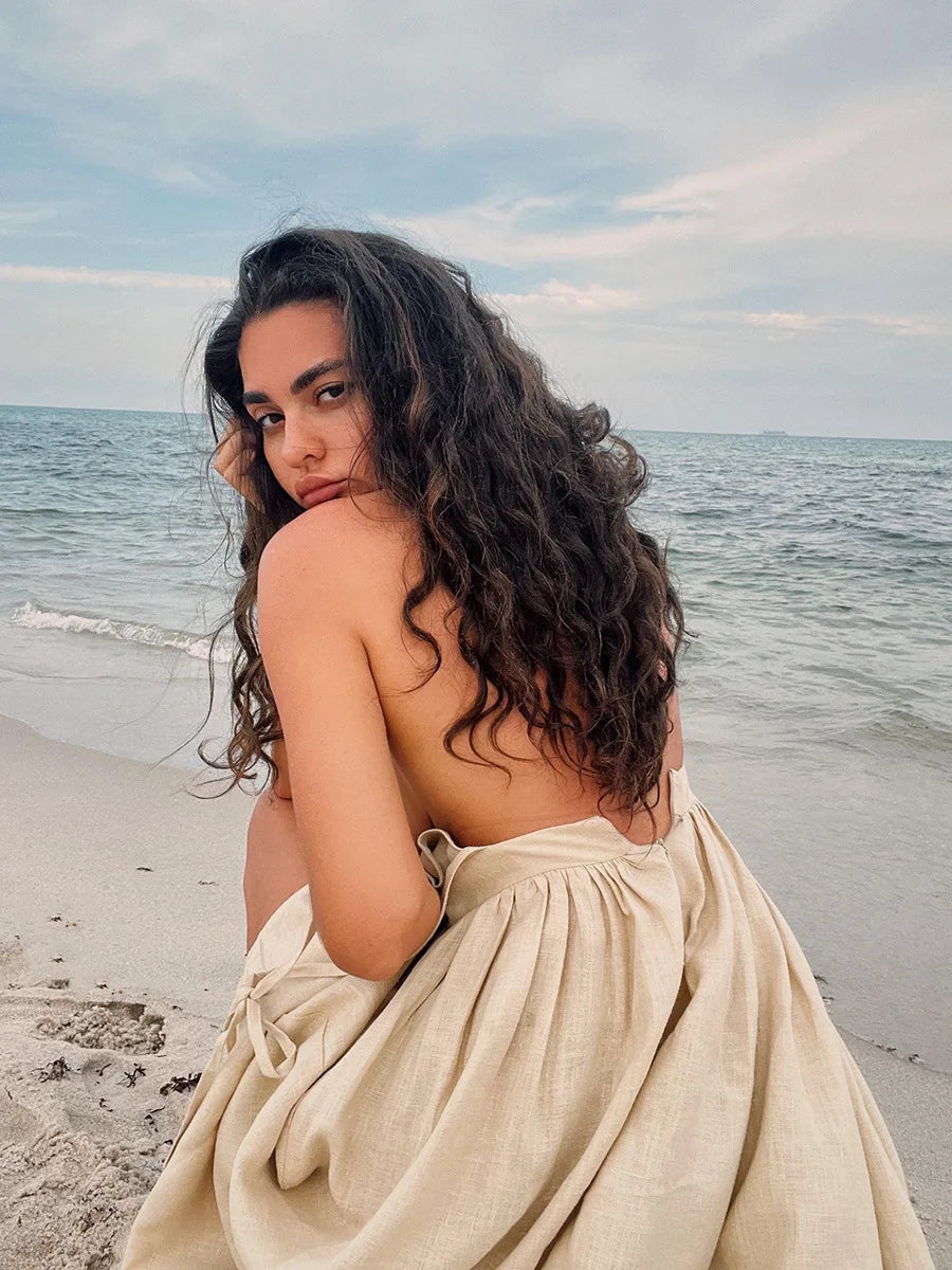 Backless Pleated Halter Dress – Summer Casual Beach Vacation