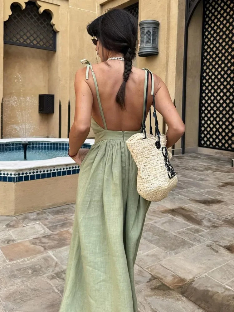 Backless Pleated Halter Dress – Summer Casual Beach Vacation