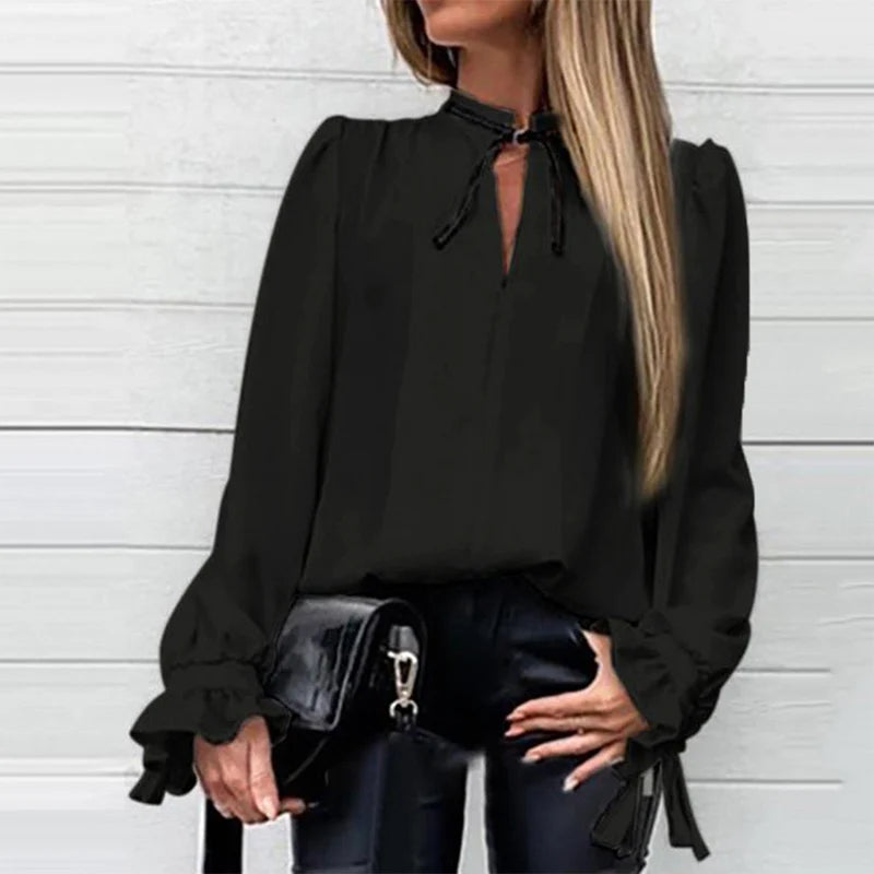 Denim Ruffled Long Sleeve Shirt, V-Neck Pleated Chiffon Blouse, Sexy Spring Office Top.