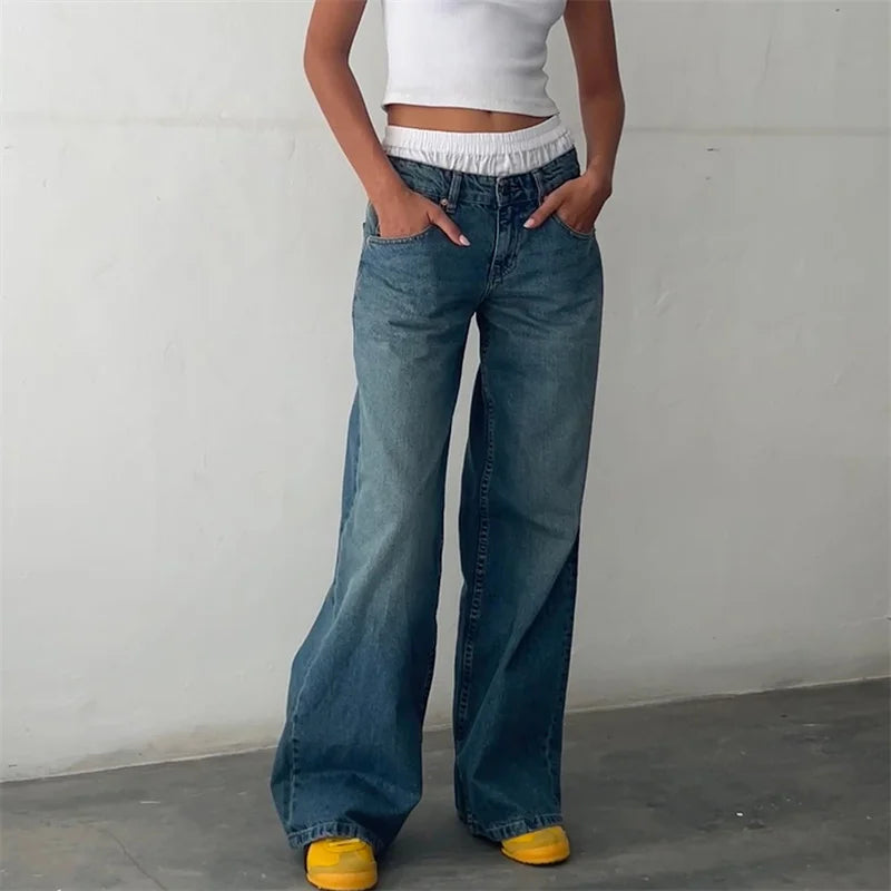 Lamuusaa Y2K Jeans for Women – Low-Waist, Wide-Leg Denim with Multi Pockets.