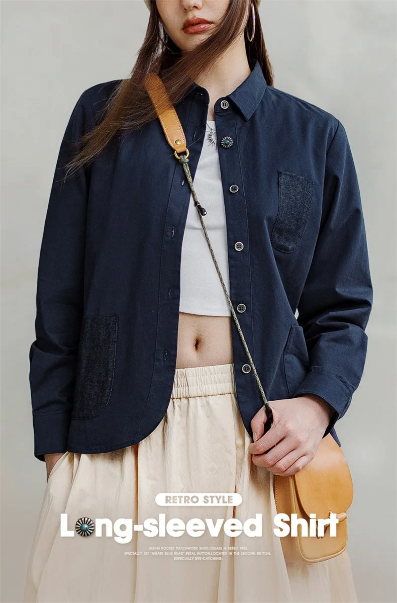 Maden Denim Patchwork Shirt, Women's Long Sleeve Casual Jacket, Navy Blue.