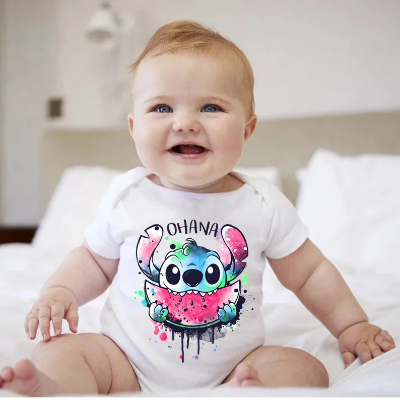 Kawaii Ohana Stitch Print Baby Romper: 100% Cotton Short Sleeve Bodysuit (0-24M)