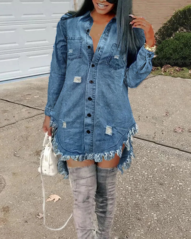 Ripped Asymmetrical Denim Top, Women's Button Dress with Pockets.