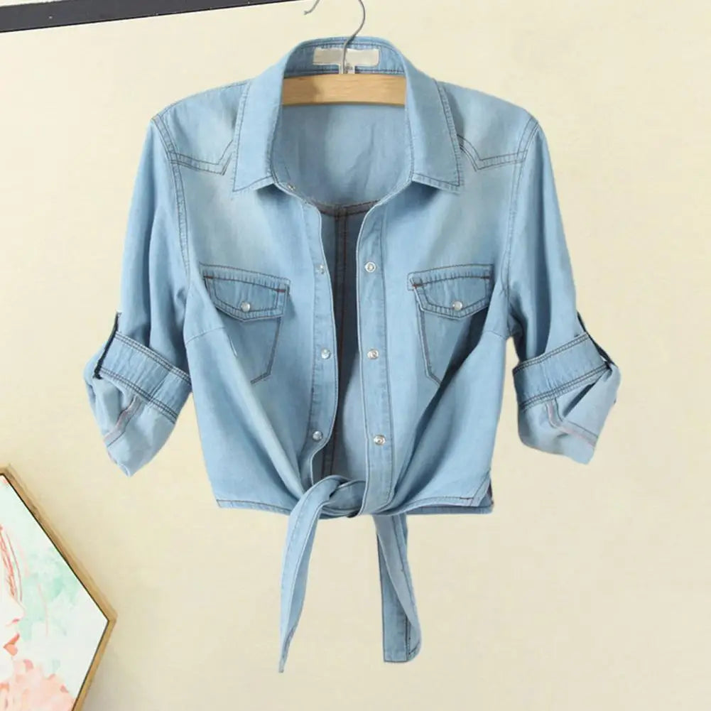 Tie Knot Denim Jacket, Cropped Length, Single-Breasted, Lace-Up Blue Jeans Cardigan.