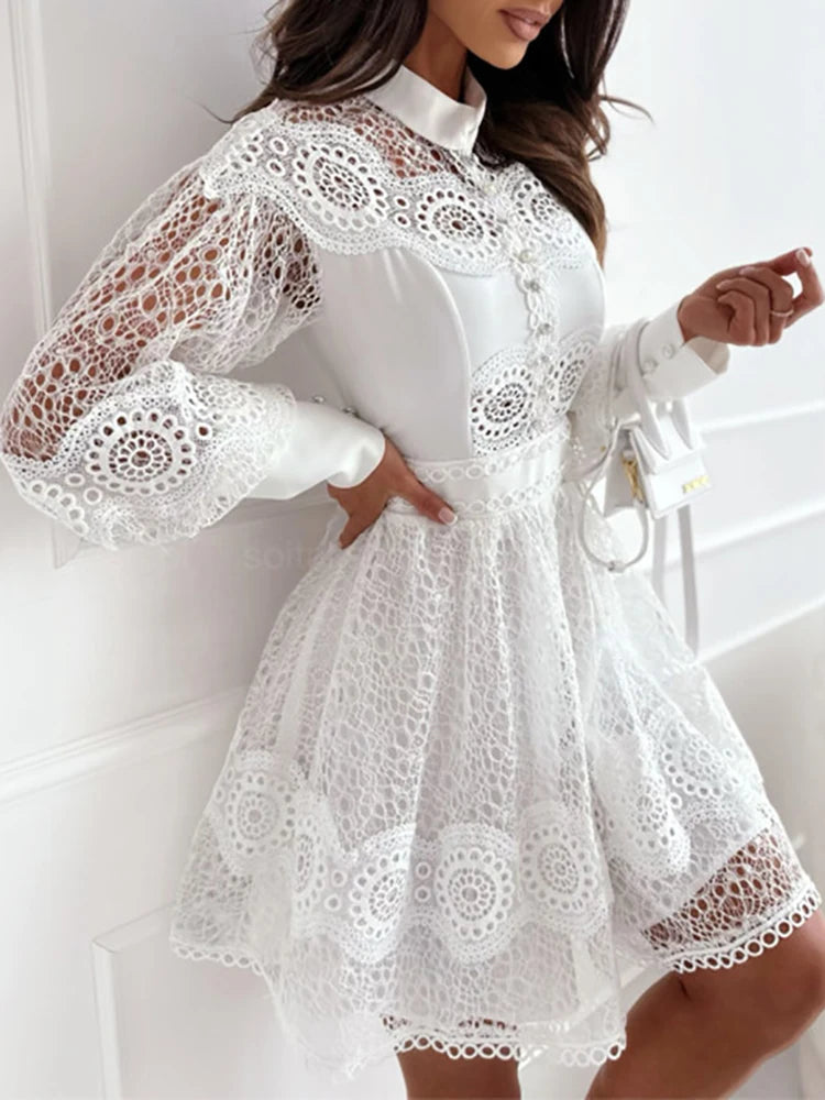 Spring Summer Women’s O-Neck Mini Dress – Hollow Out Lantern Sleeve Party Dress