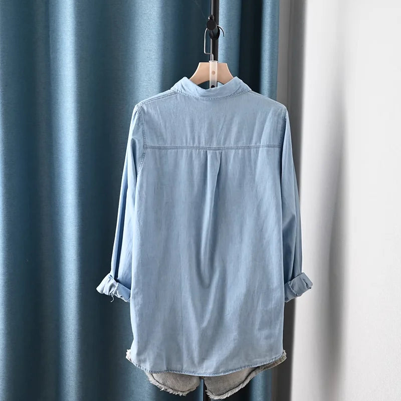Harajuku Y2K Denim Shirt, Women's Spring Top, Floral Embroidery, Long Sleeve.