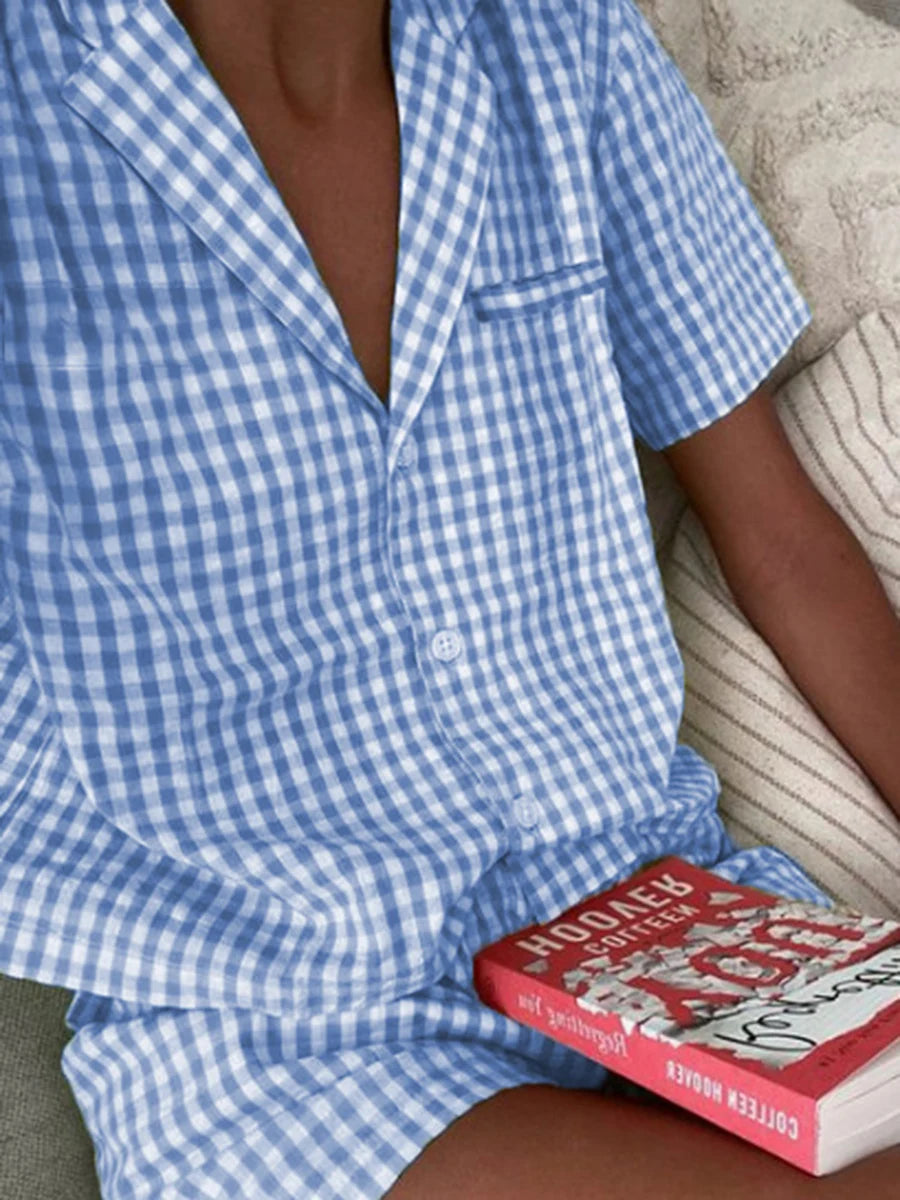 New gingham pajama set, short sleeve lapel top & plaid shorts, women’s sleepwear.