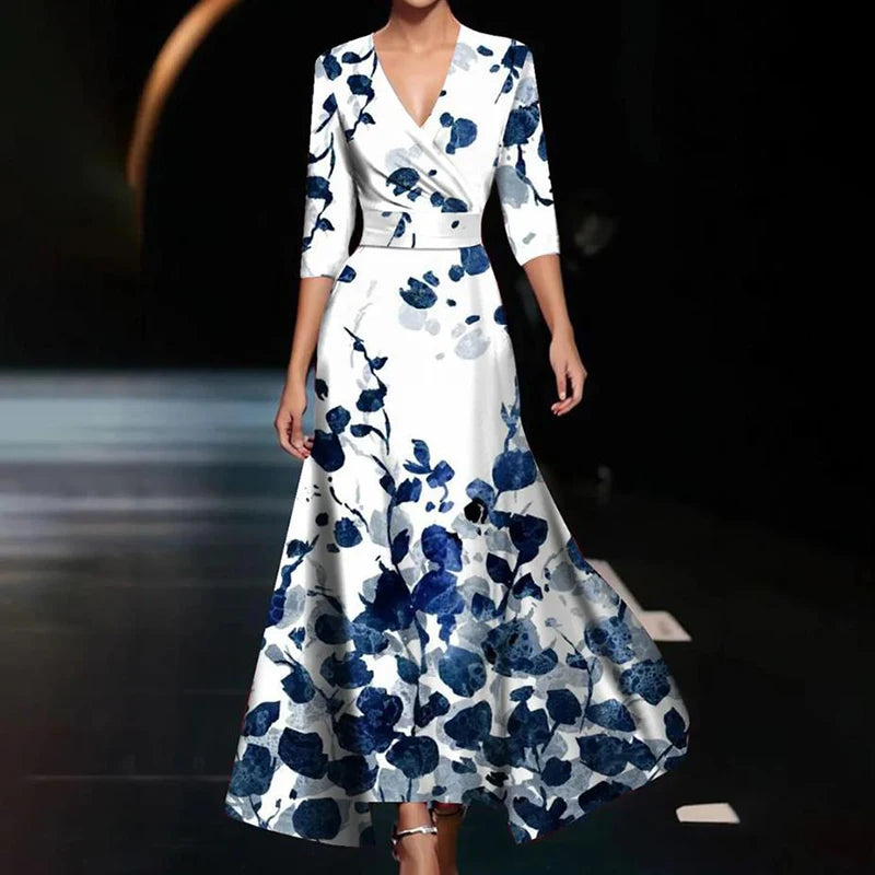 Elegant V-Neck A-Line Dress – 3/4 Sleeve, Floral Print Party Dress