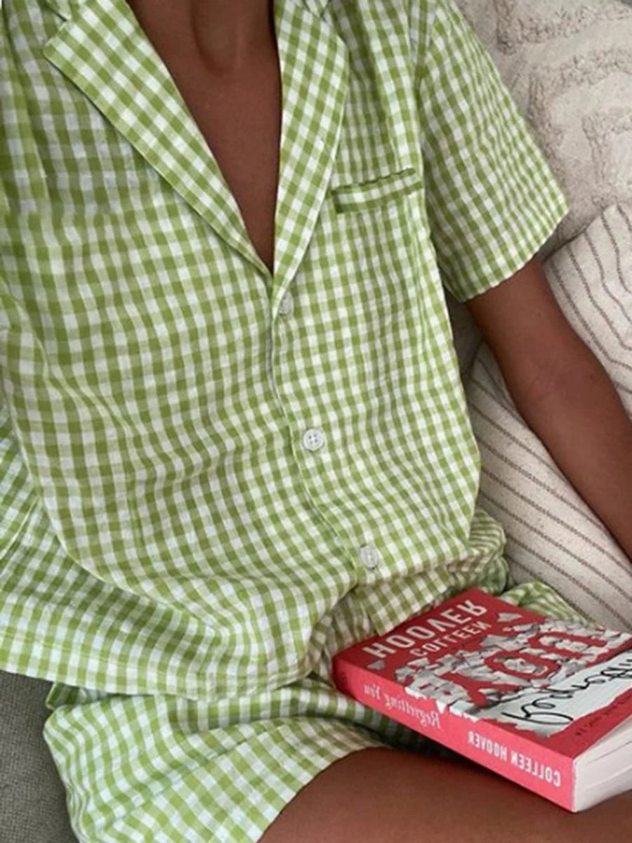 New gingham pajama set, short sleeve lapel top & plaid shorts, women’s sleepwear.