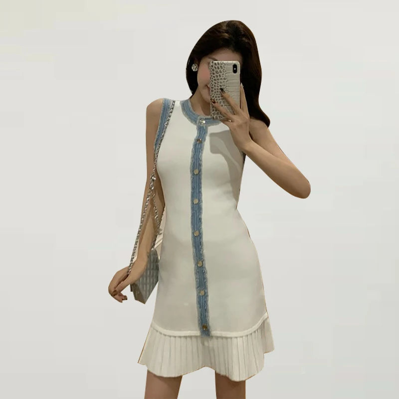 Y2K Women’s Denim Patchwork Dress – Sleeveless, Slim Fit, Casual Streetwear