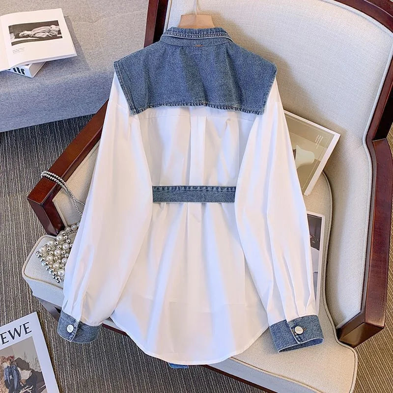 Women’s Denim Shirt, Long Sleeve, Splicing Fake Two-Piece Loose Blouse.