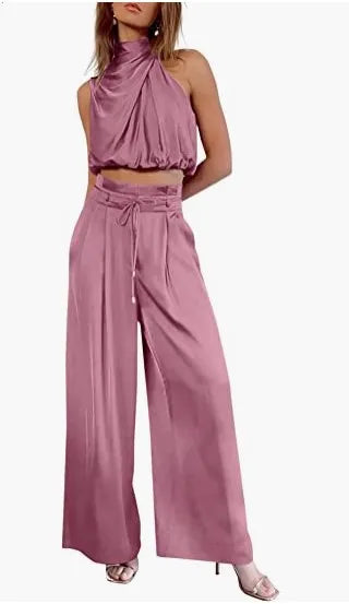 Women's 2-Piece Silk Set – Sleeveless Top & Wide Leg Pants, Summer