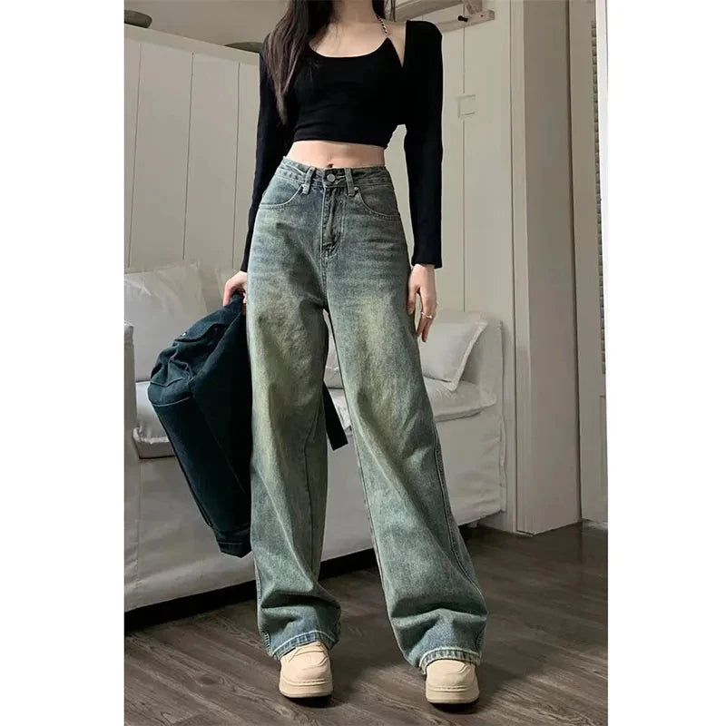 Y2K Baggy Wide-Leg Jeans for Women – Vintage High-Waist Straight Denim Trousers.