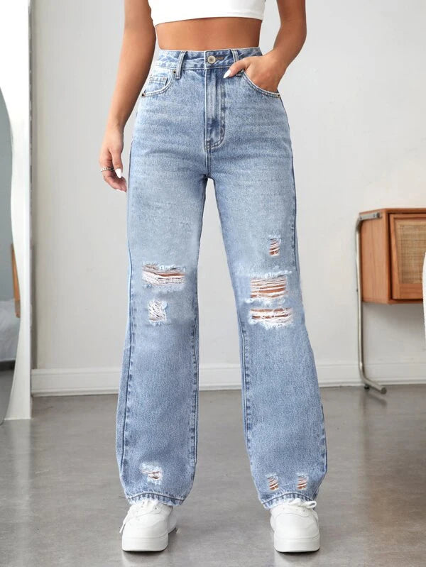 Women’s Ripped Wide-Leg Denim Pants – Loose, Comfortable, All-Match.