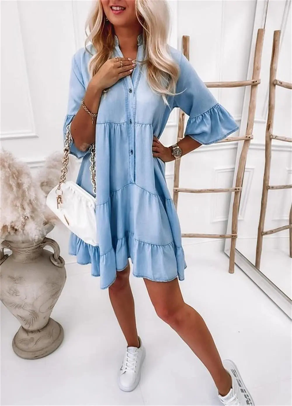 Cotton Denim Dress, Women’s A-line, Mid Sleeves, Stand Collar, Ruffle Above Knee.