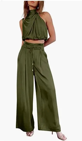 Women's 2-Piece Silk Set – Sleeveless Top & Wide Leg Pants, Summer