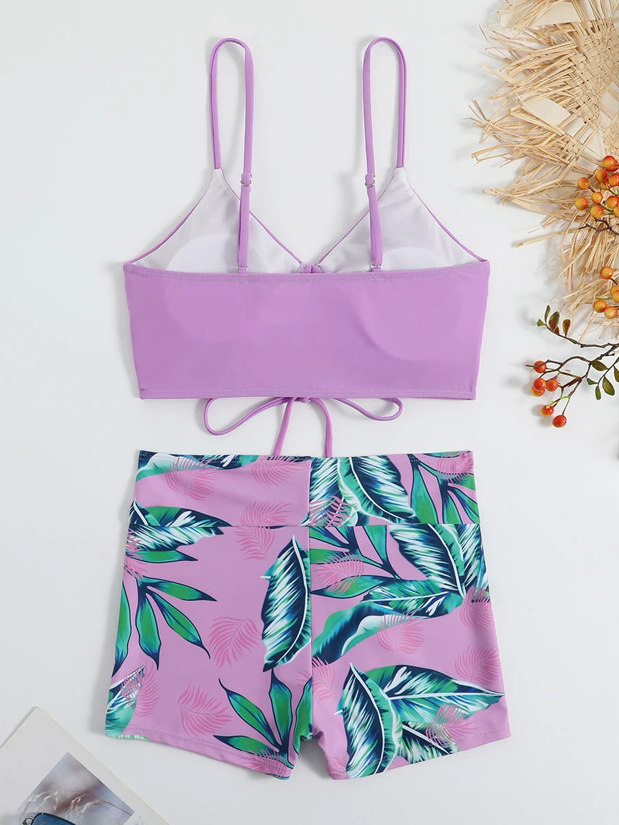 2025 Tropical Bikini – High waist, tie-front shorts.