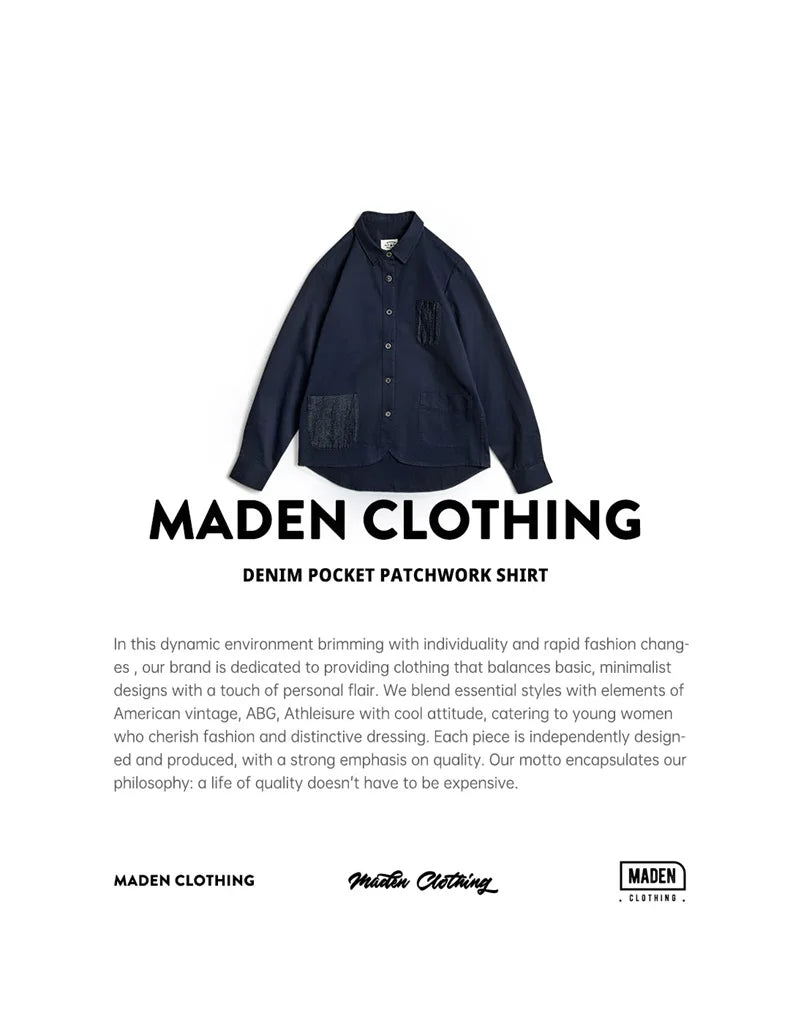 Maden Denim Patchwork Shirt, Women's Long Sleeve Casual Jacket, Navy Blue.