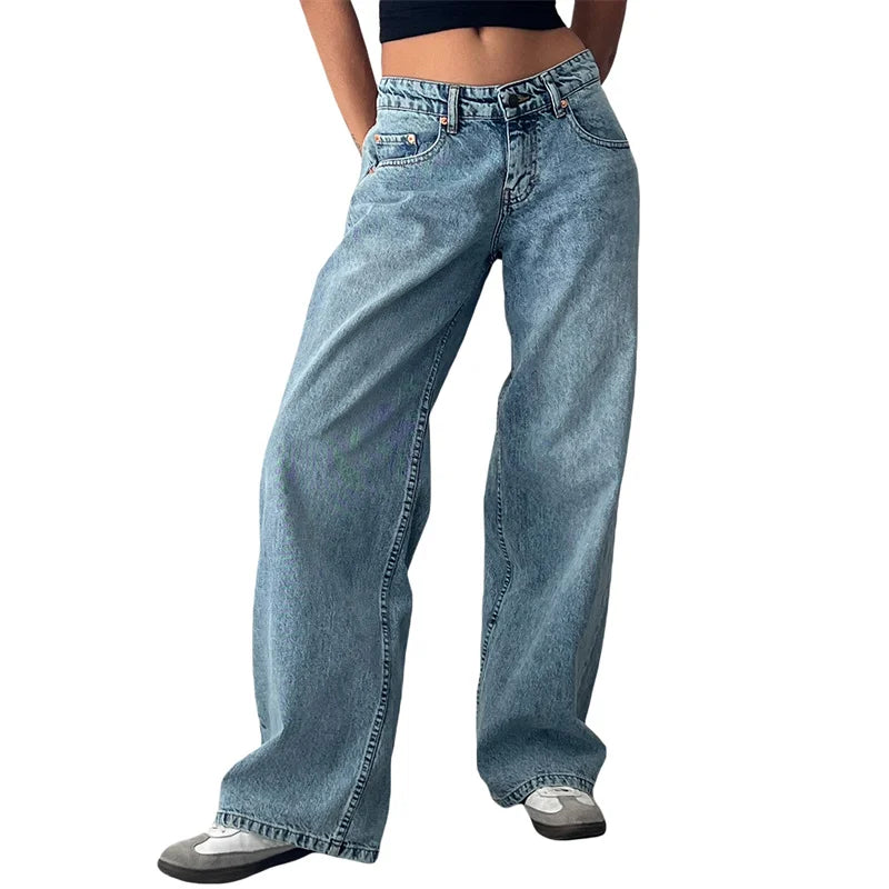 Lamuusaa Y2K Jeans for Women – Low-Waist, Wide-Leg Denim with Multi Pockets.