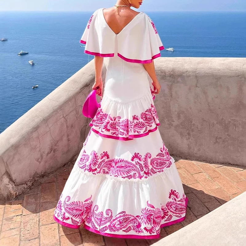 Women’s Casual Pleated Long Dress – V-Neck, Ruffle Bohemian Print Party Dress