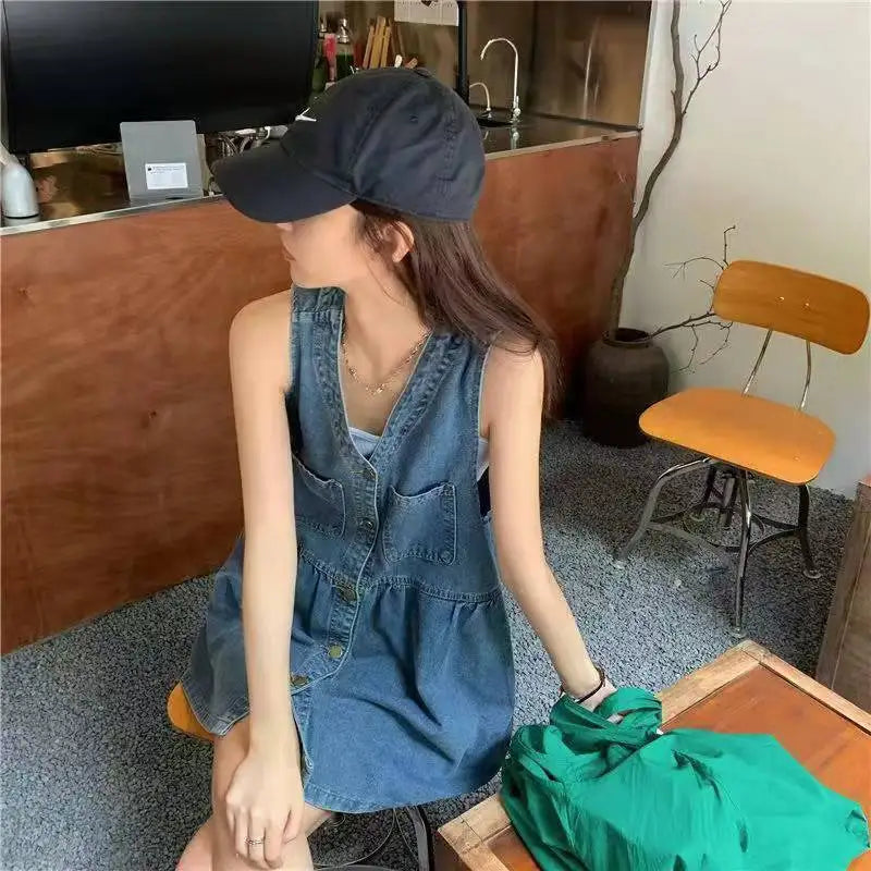 Women's Sleeveless Denim Mini Dress – Button-Up, Pockets, Korean A-Line Style