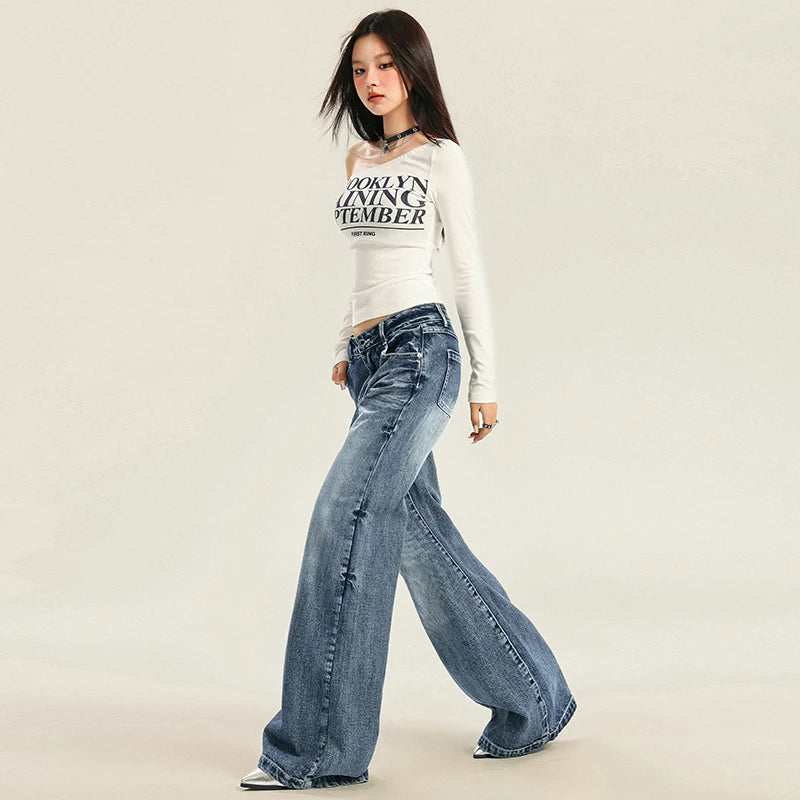 Autumn Women’s Washed Denim Wide-Leg High-Waisted Jeans.