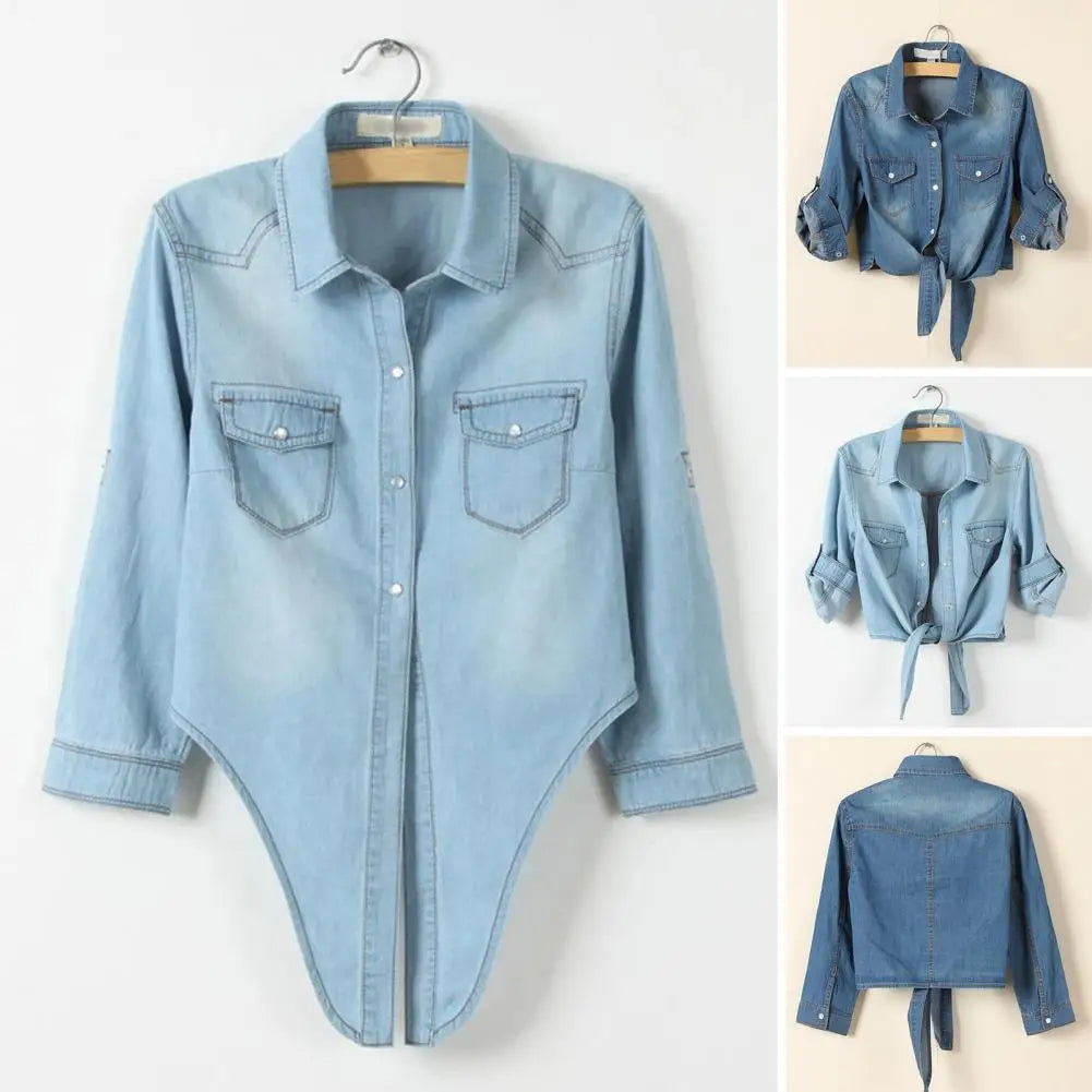 Tie Knot Denim Jacket, Cropped Length, Single-Breasted, Lace-Up Blue Jeans Cardigan.