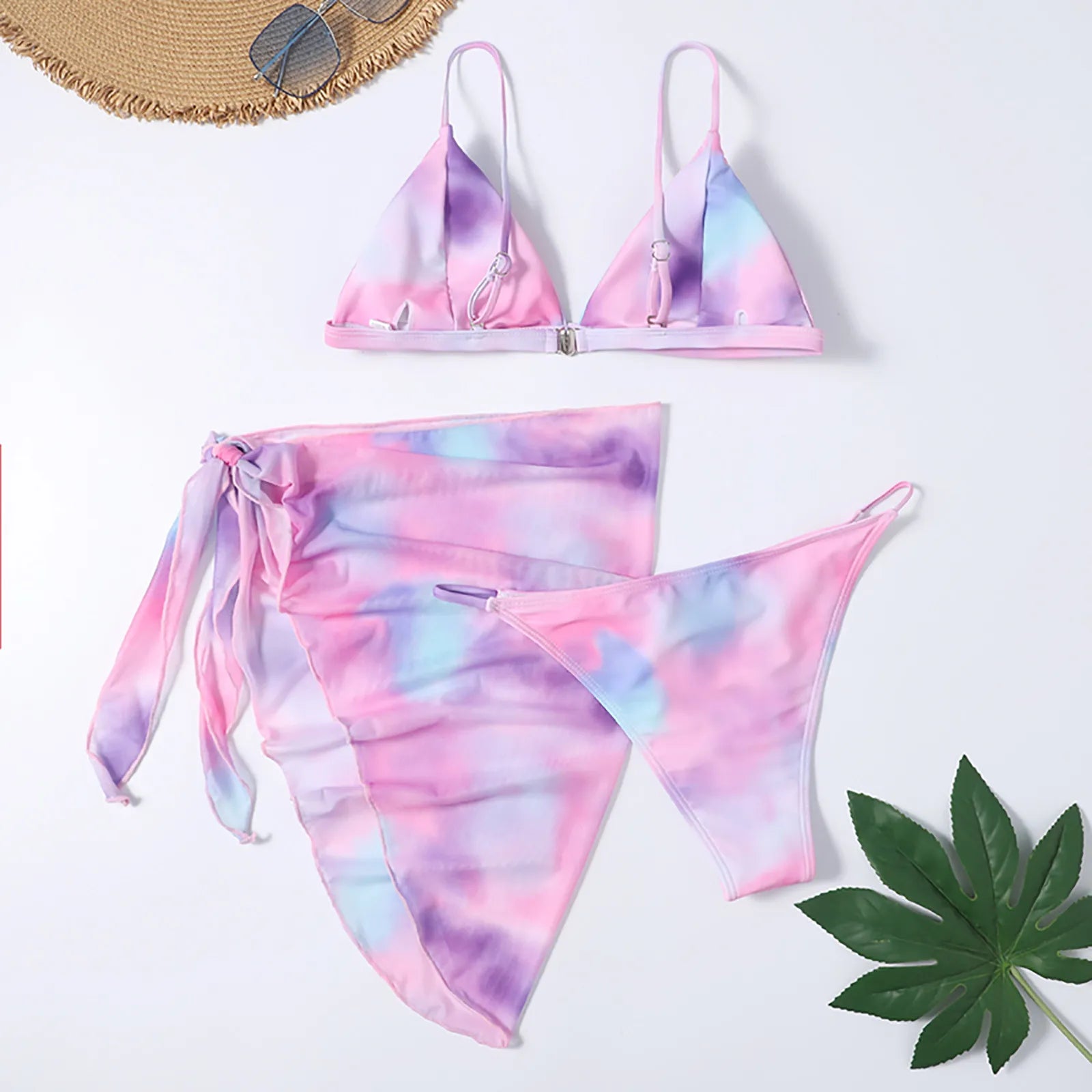Cute Bikini Set – Mesh bikini top, high-waist skirt, tie-dye print, 3-piece swimwear.