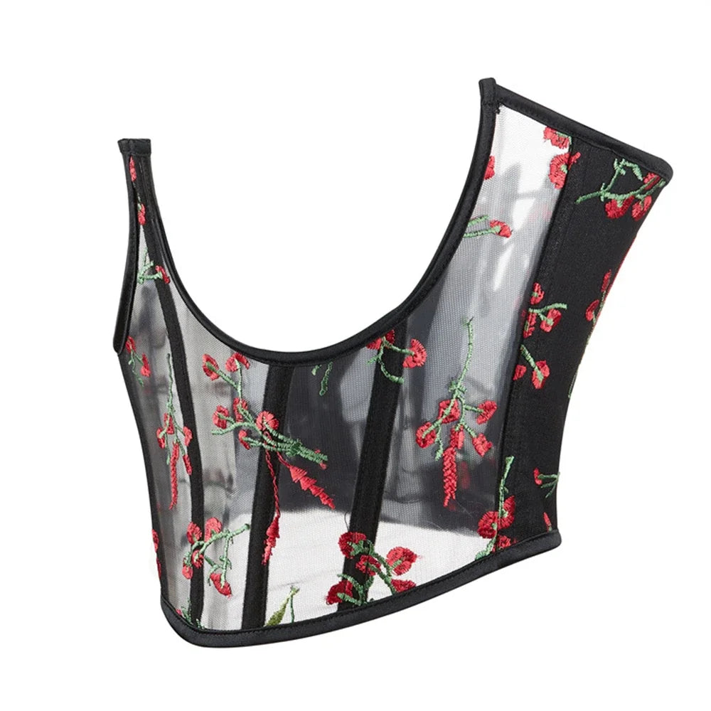 Black Jacquard Mesh Waist Cincher – Lace-Up Underbust Corset