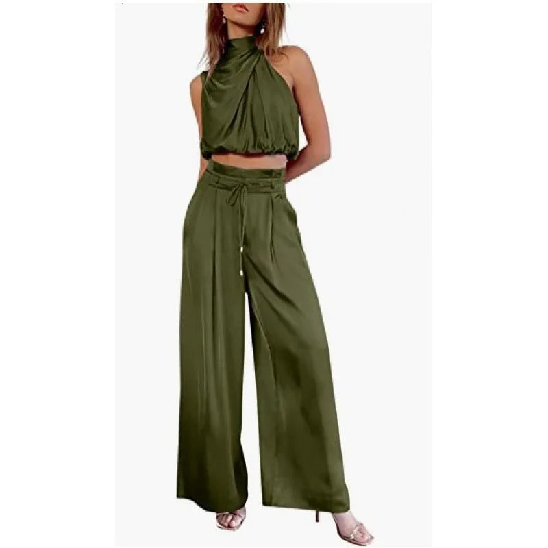 Women's 2-Piece Silk Set – Sleeveless Top & Wide Leg Pants, Summer