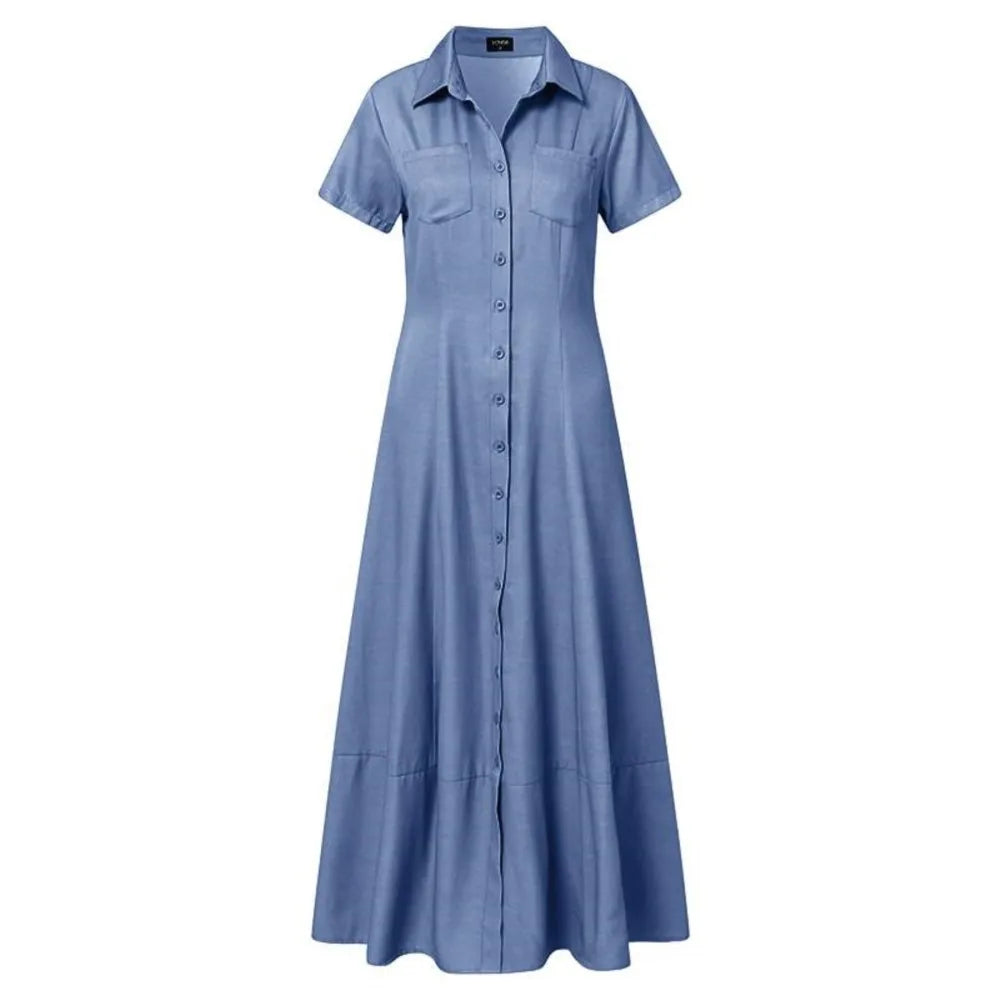 Women’s Lapel Pocket Denim Dress, Short Sleeve, Loose Single-Breasted Shirt Dress.