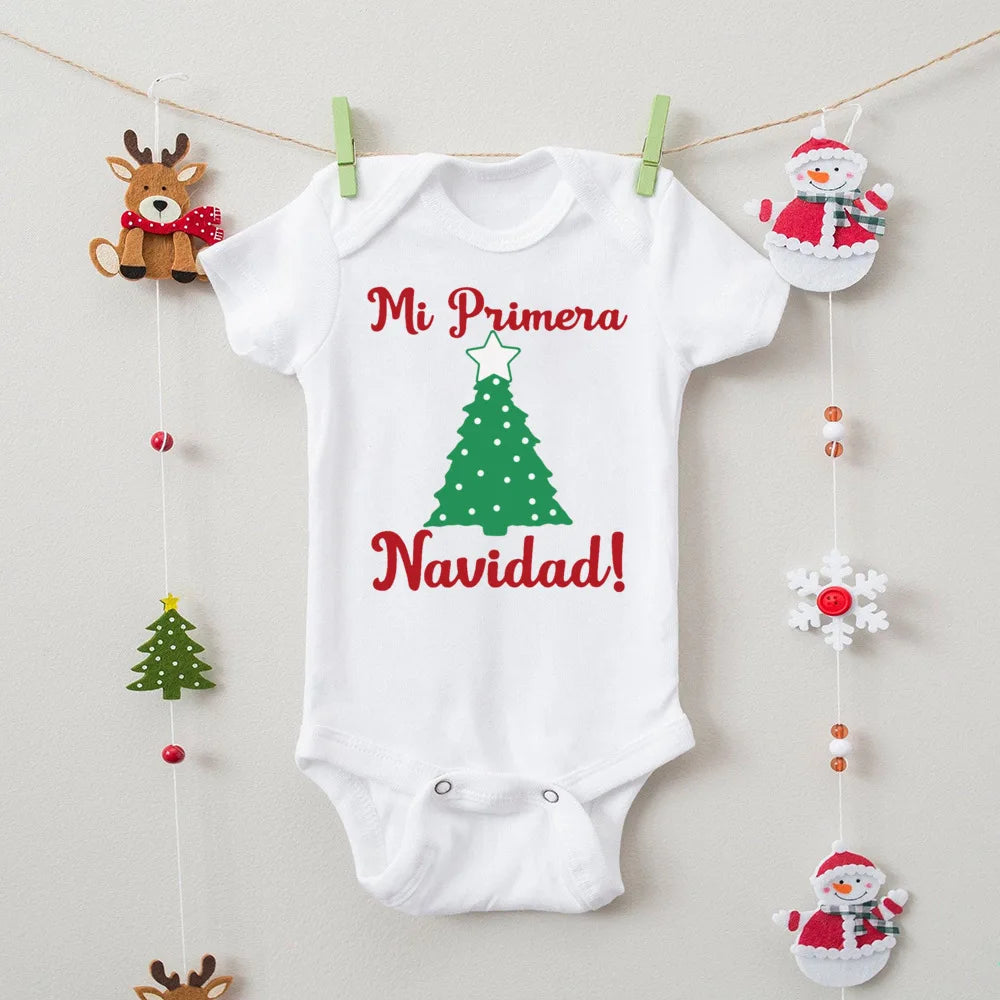 My First Christmas" Spanish Bodysuit: Newborn Short Sleeve Romper for Xmas Party
