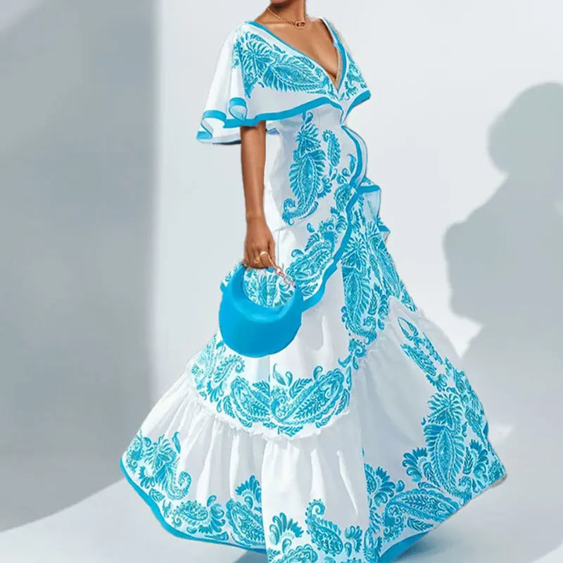Women’s Casual Pleated Long Dress – V-Neck, Ruffle Bohemian Print Party Dress