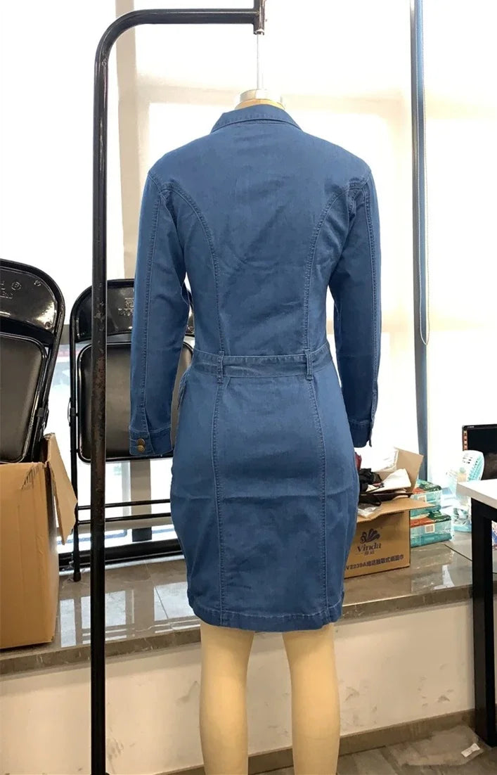 Denim Dress, Women's Lapel Slim Fit, High Waist, Long Sleeve, Single-Breasted.