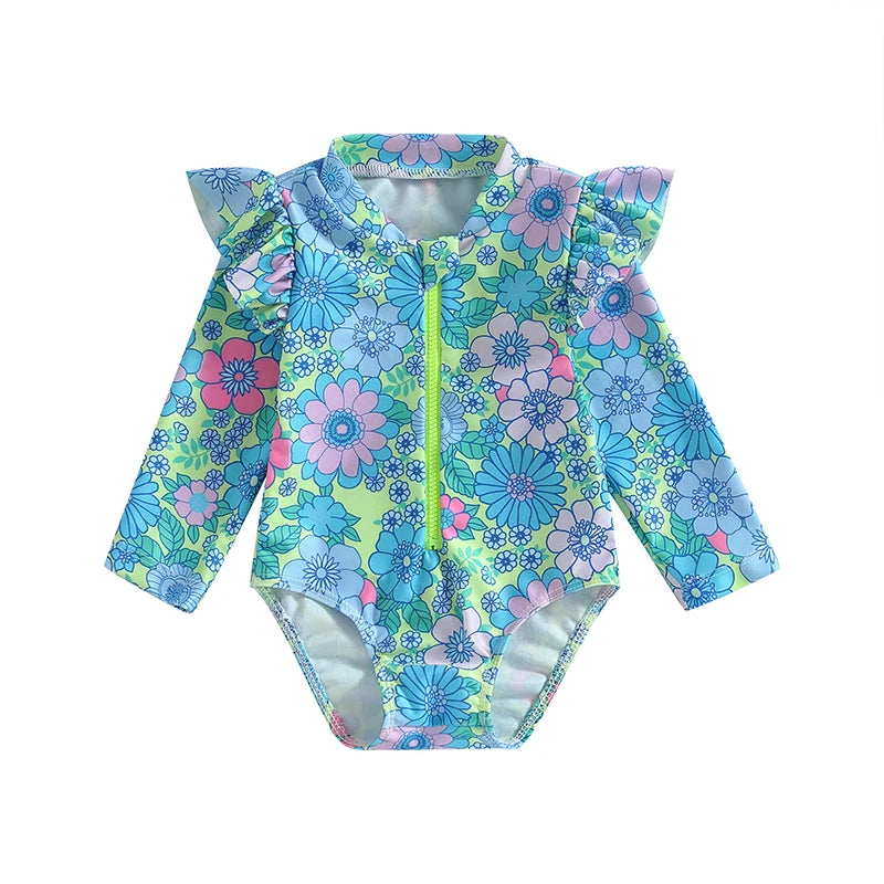 Infant Girls Rash Guard Swimsuit: Floral Print Zipper Romper for Sun Protection