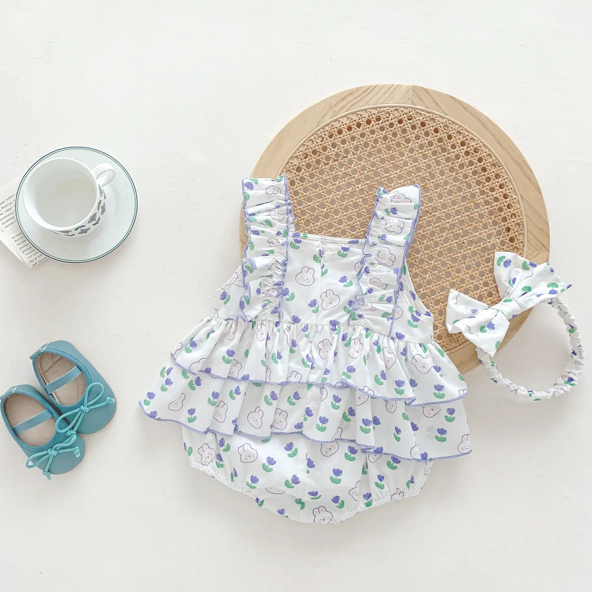 Baby Girl Romper: Summer Rabbit Print Cotton Bodysuit with Hairband