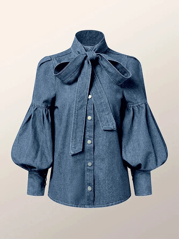 Gymystars Trendy Imitation Denim Blouse – Puff Sleeves & Bow High Neck