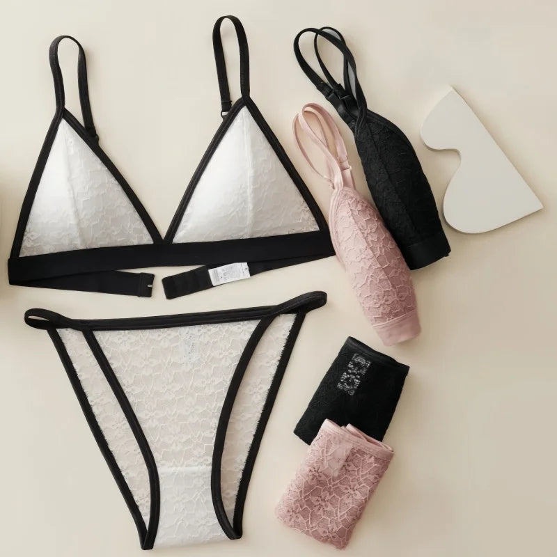 Lace Bra & Panties Set – Non-Wire Bralette & Low Waist Transparent Panty