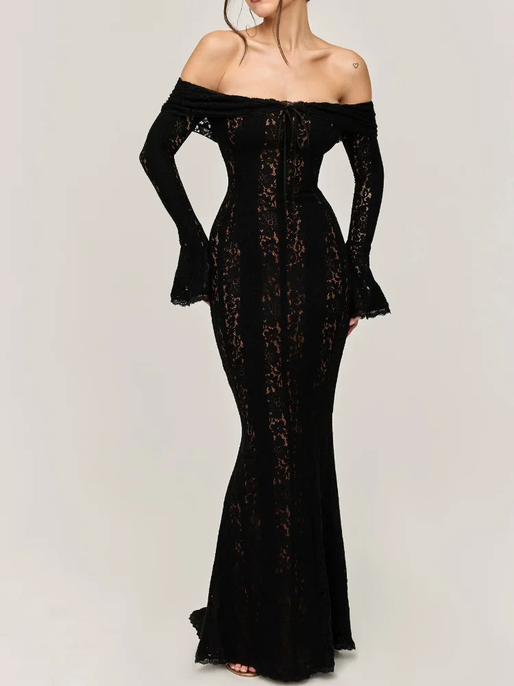Sexy Hollow-Out Slash Neck Lace Dress – Flared Sleeves, Slim Fit Evening Party Dress