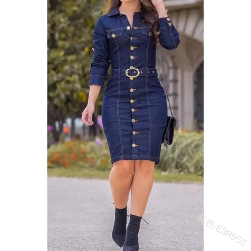 Denim Dress, Women's Lapel Slim Fit, High Waist, Long Sleeve, Single-Breasted.