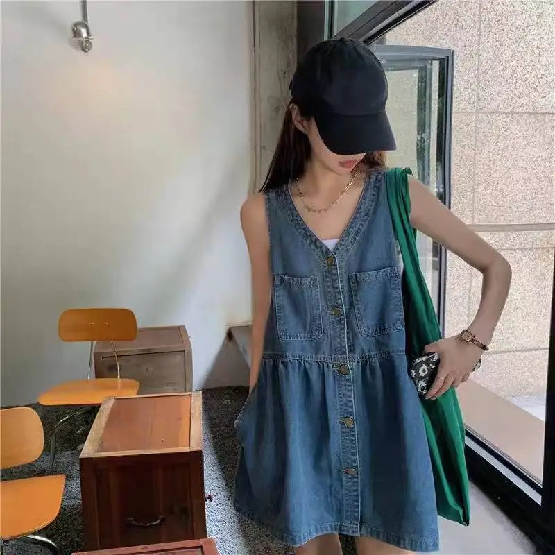 Women's Sleeveless Denim Mini Dress – Button-Up, Pockets, Korean A-Line Style