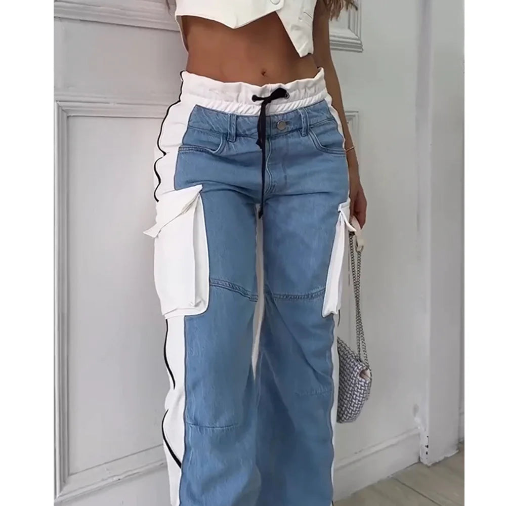 Women’s High-Waisted Baggy Patchwork Cargo Jeans – Y2K Lace-Up Streetwear.