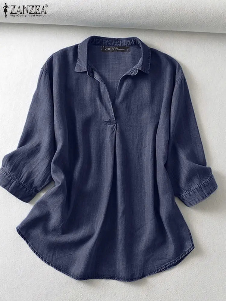 ZANZEA Women's Denim Blouse – Casual 3/4 Sleeve Tunic for Work