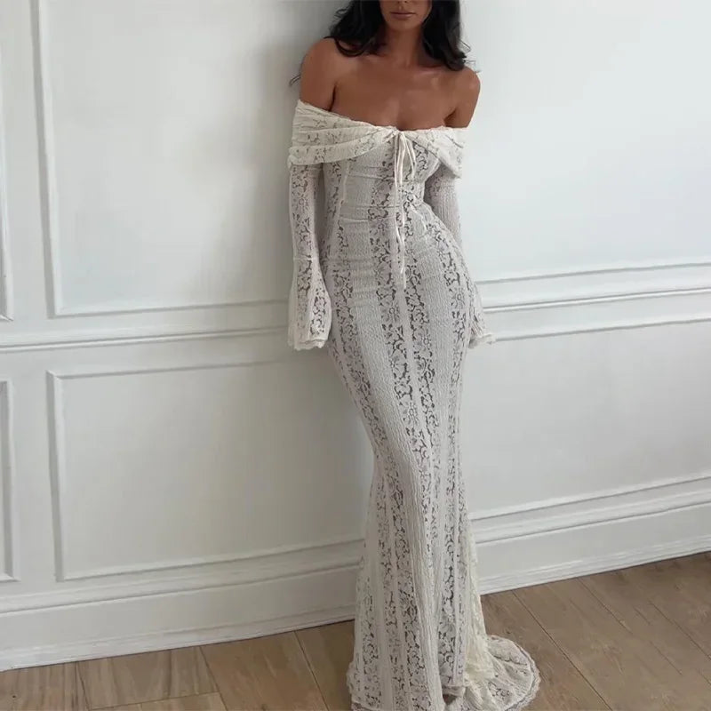 Sexy Hollow-Out Slash Neck Lace Dress – Flared Sleeves, Slim Fit Evening Party Dress