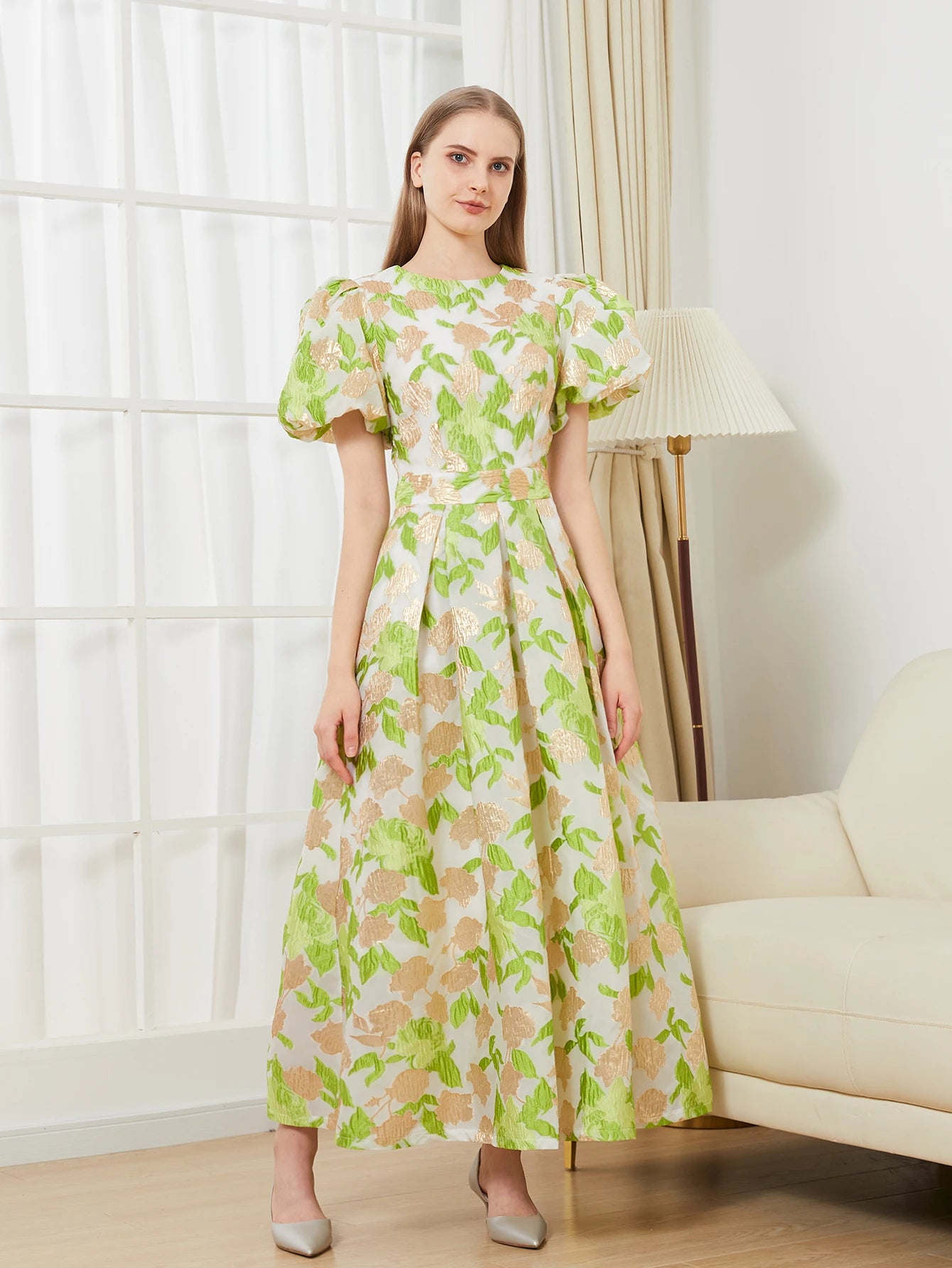 Luxury Women’s Puff Sleeve Embroidered Jacquard Party Dress – Elegant Prom Gown